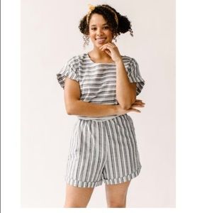 Blue striped romper // size: Large